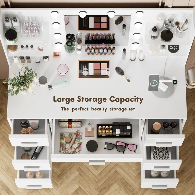 Homall Vanity Desk with Mirror, 3 Modes LED Lights and USB Power Outlet, Makeup Vanity Table with 6 Storage Shelves and 7 Drawers for Dressing Room Bedroom