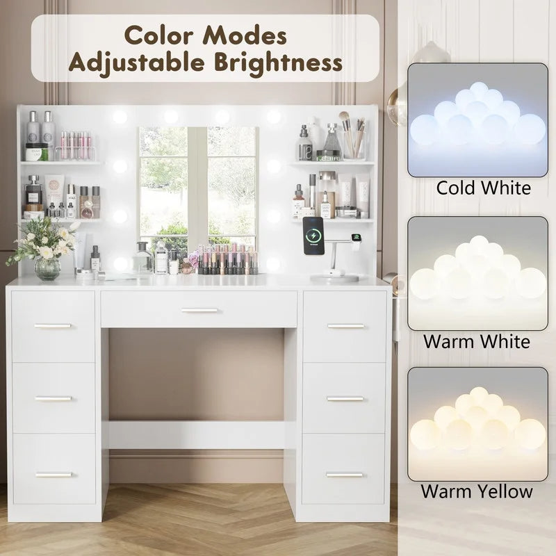 Homall Vanity Desk with Mirror, 3 Modes LED Lights and USB Power Outlet, Makeup Vanity Table with 6 Storage Shelves and 7 Drawers for Dressing Room Bedroom