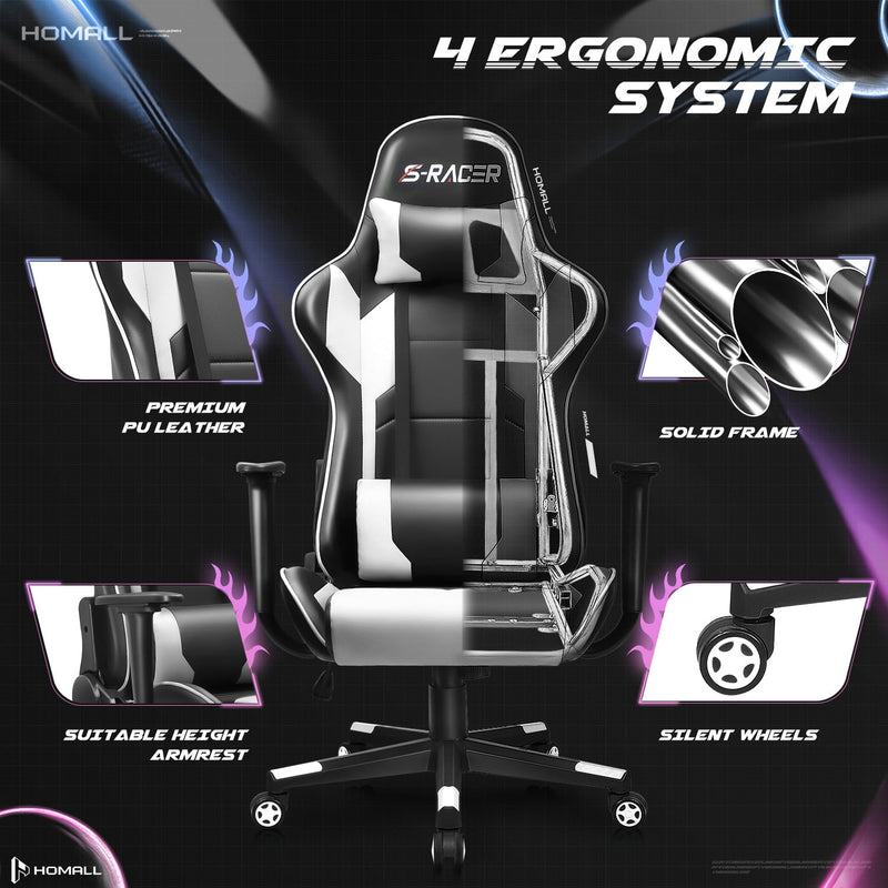 Homall Lumbar Support & Adjustable Swivel Gaming Chair, White