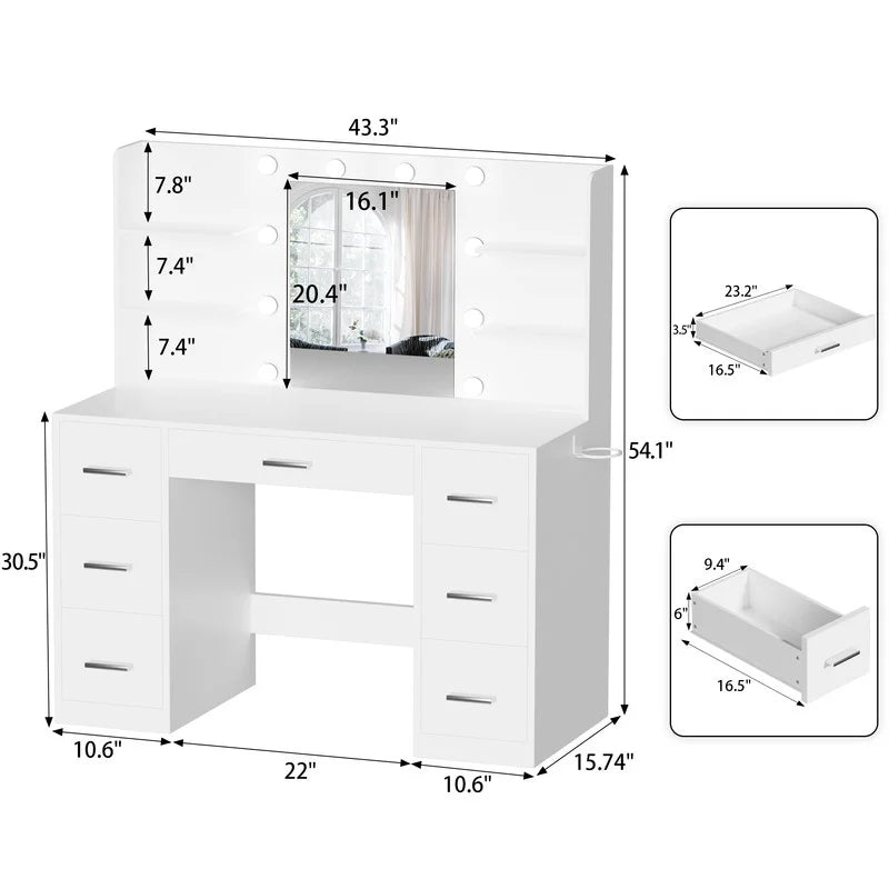Homall Vanity Desk with Mirror, 3 Modes LED Lights and USB Power Outlet, Makeup Vanity Table with 6 Storage Shelves and 7 Drawers for Dressing Room Bedroom