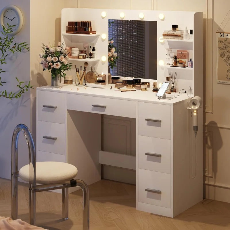 Homall Vanity Desk Set with Mirror, Drawers, and USB Power Outlet Makeup Vanity with Adjustable Lights in 3 Modes