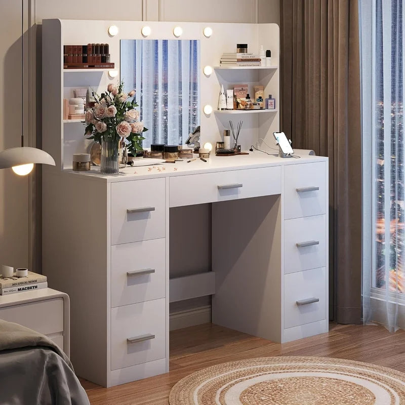 Homall Vanity Desk Set with Mirror, Drawers, and USB Power Outlet Makeup Vanity with Adjustable Lights in 3 Modes