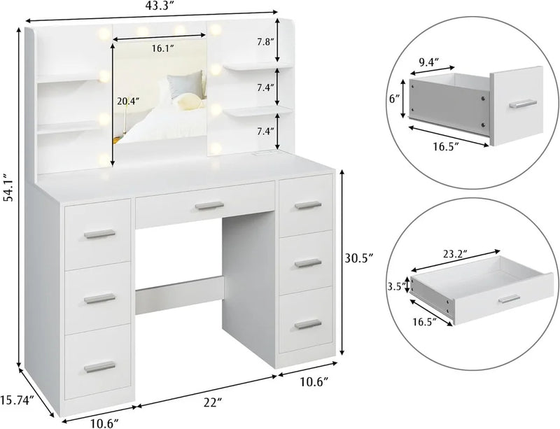 Homall Vanity Desk Set with Mirror, Drawers, and USB Power Outlet Makeup Vanity with Adjustable Lights in 3 Modes