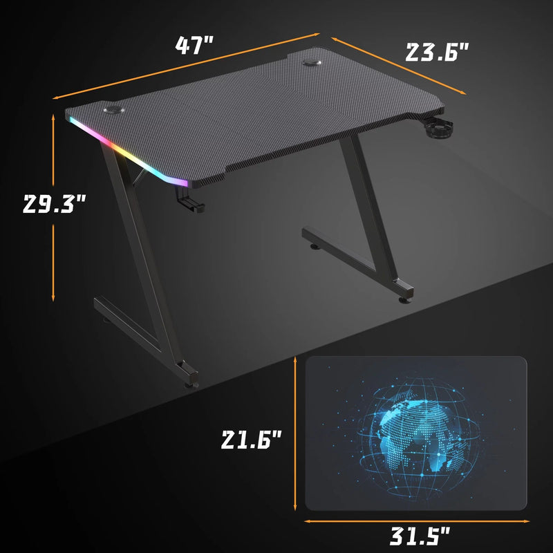 Homall 47 Inches Z-Shaped Gaming Desk with RGB Lights, Carbon Fiber Desk Office Desk with Large Mouse Pad, Cup-Holder & Headphone Hook, Black