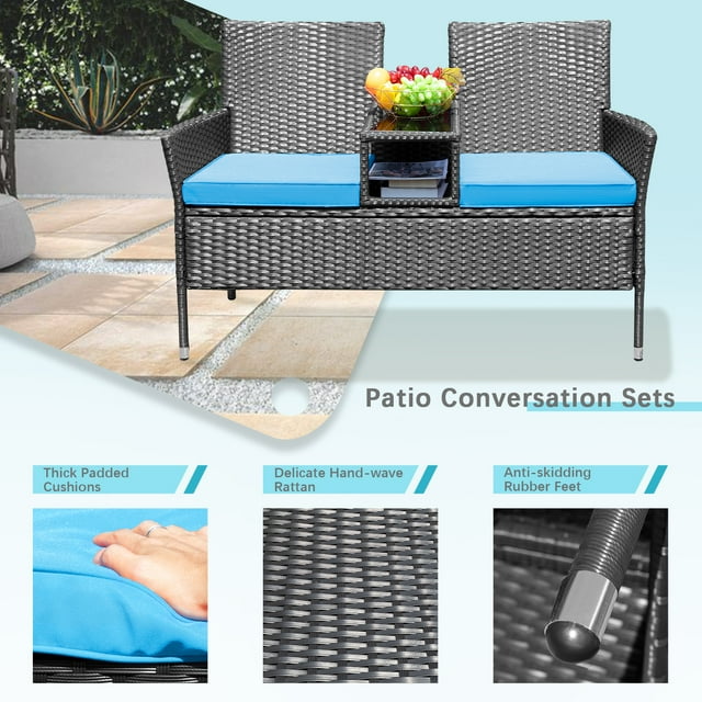 HOMALL Outdoor Patio Loveseat Modern Wicker Patio Conversation Furniture Set with Cushions and Built-in Coffee Table, Steel