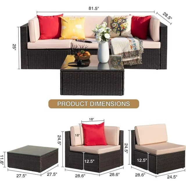 Homall 4 Pieces Outdoor Sectional Sofa Wicker Conversation Sets Patio Rattan Furniture Set with Cushions and Glass Table