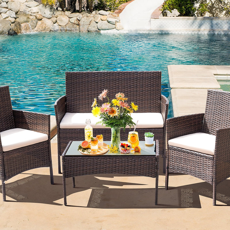 Homall 4 Piece Outdoor Conversation Set Brown PE Rattan Wicker Table and Chairs Set