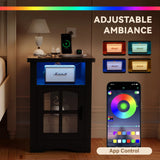 Homall Nightstand Set of 2 with Charging Station & Adjustable LED Lights, End Table Bedside Table with Glass Door & Open Shelf for Bedroom Living Room