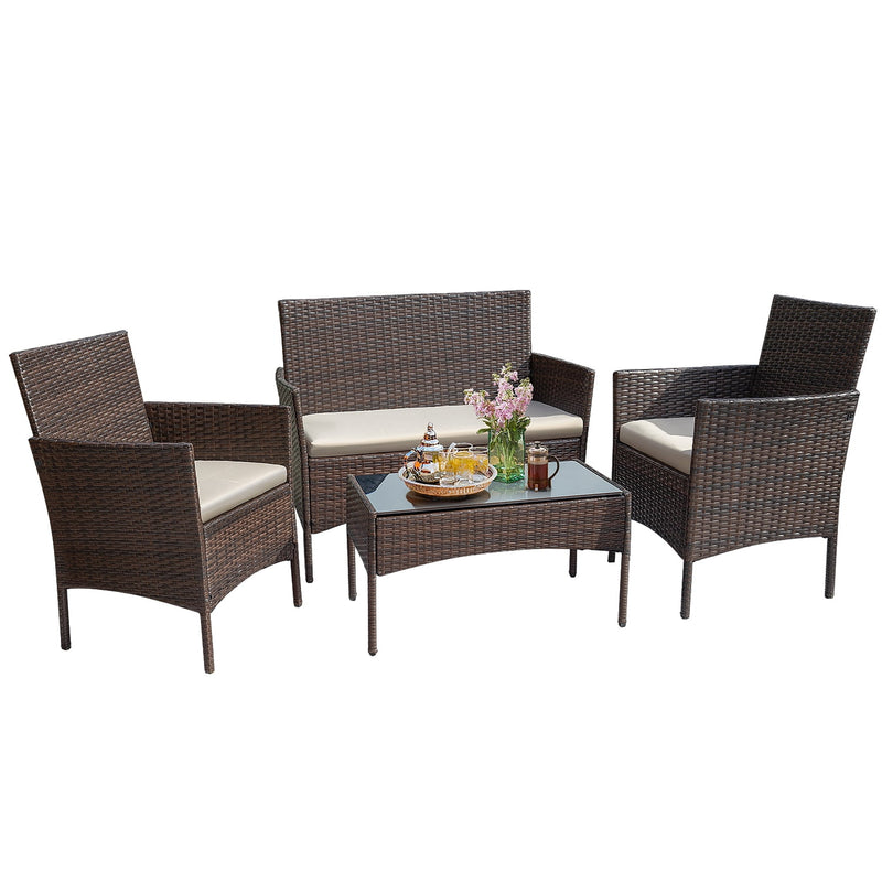 Homall 4 Piece Outdoor Conversation Set Brown PE Rattan Wicker Table and Chairs Set