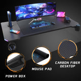 Homall Z-Shaped Gaming Desk with RGB Lights, Carbon Fiber Desk Office Desk with Large Mouse Pad, Cup-Holder & Headphone Hook, Black