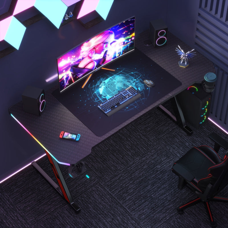 Homall Z-Shaped Gaming Desk with RGB Lights, Carbon Fiber Desk Office Desk with Large Mouse Pad, Cup-Holder & Headphone Hook, Black