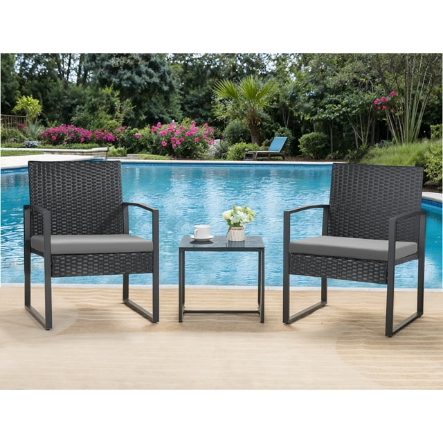 Homall Patio Furniture 3-Piece Set Casual Wicker Chair Bistro Chair with Coffee Table, Black