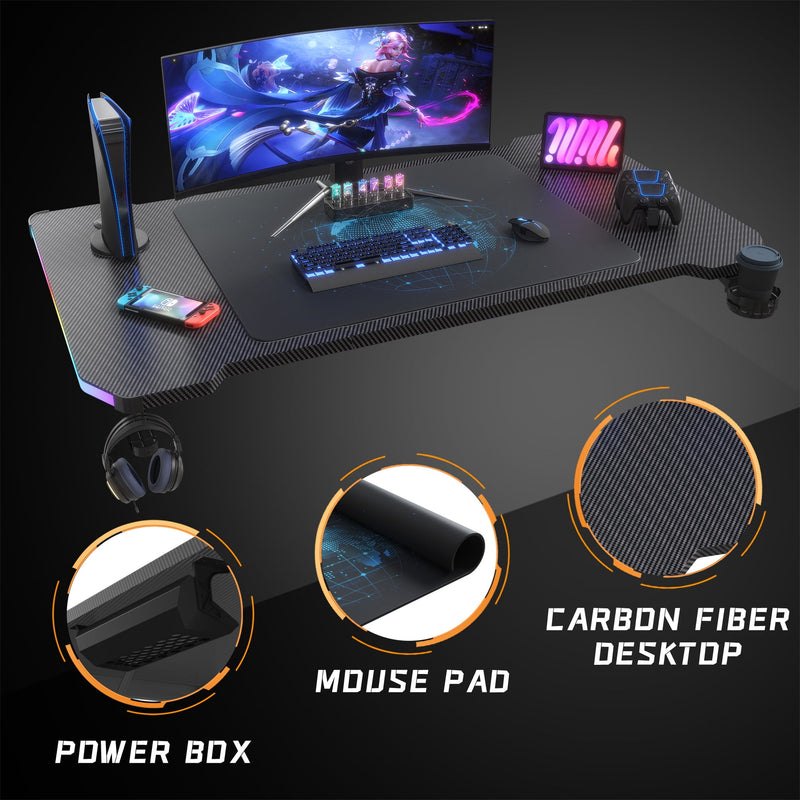 Homall Z-Shaped Gaming Desk with RGB Lights, Carbon Fiber Desk Office Desk with Large Mouse Pad, Cup-Holder & Headphone Hook, Black