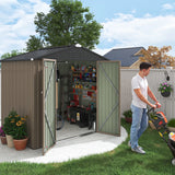 LACOO 6' x 8'Patio Steel Lockable Storage Shed for Backyard, Mental Outdoor Tool Storage Shed for Garden with Groove Roof, Brown