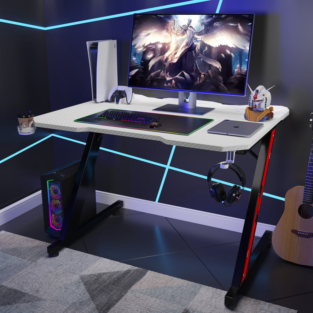 Homall Gaming Desk 44 Computer Table Office Desk Z-shaped PC Gaming Table  Workstation with Carbon Fiber Surface, Cup Holder Headphone Hook