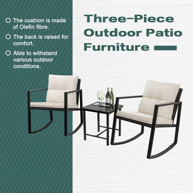Homall 3 Pieces Patio Furniture Set Rocking Wicker Bistro Sets Set with Glass Coffee Table, Black