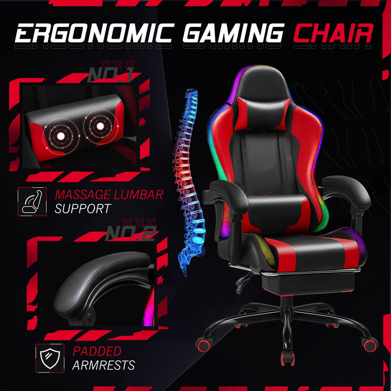 Homall RGB Gaming Chair with Massage and LED Lights Ergonomic Computer Chair with Footrest E-sports Chair with Adjustable Lumbar Support Reclining Video Game Chair