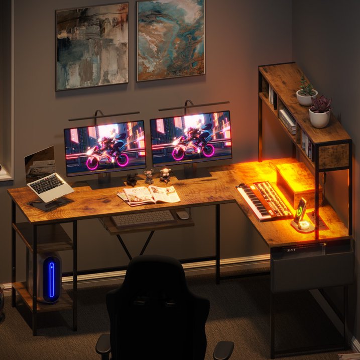 Homall L-Shaped Office Desk Gaming Table with LED Lights, Storage Rack, Built-in Socket, Computer Stand, Organizer Pocket, Keyboard Drawer,