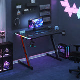 Homall Z-Shaped Gaming Desk with RGB Lights, Carbon Fiber Desk Office Desk with Large Mouse Pad, Cup-Holder & Headphone Hook, Black