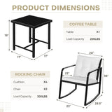 Lacoo 3 Pieces Outdoor Rocking Chair Furniture Sets Modern Patio Furniture Set Rocking Wicker Bistro Sets Cushioned PE Rattan Chairs Conversation Sets with Glass Coffee Table