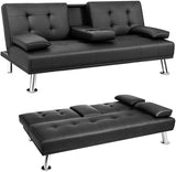 Homall Modern Faux Leather Convertible Futon with Cupholders & Pillows, 65" Black