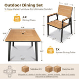 Homall 5-Piece Outdoor Dining Set, 35.8" Square Patio Table with Umbrella Hole and 4 Armrest Chairs, Aluminum Outdoor Furniture Sets for Garden, Brown-Teak