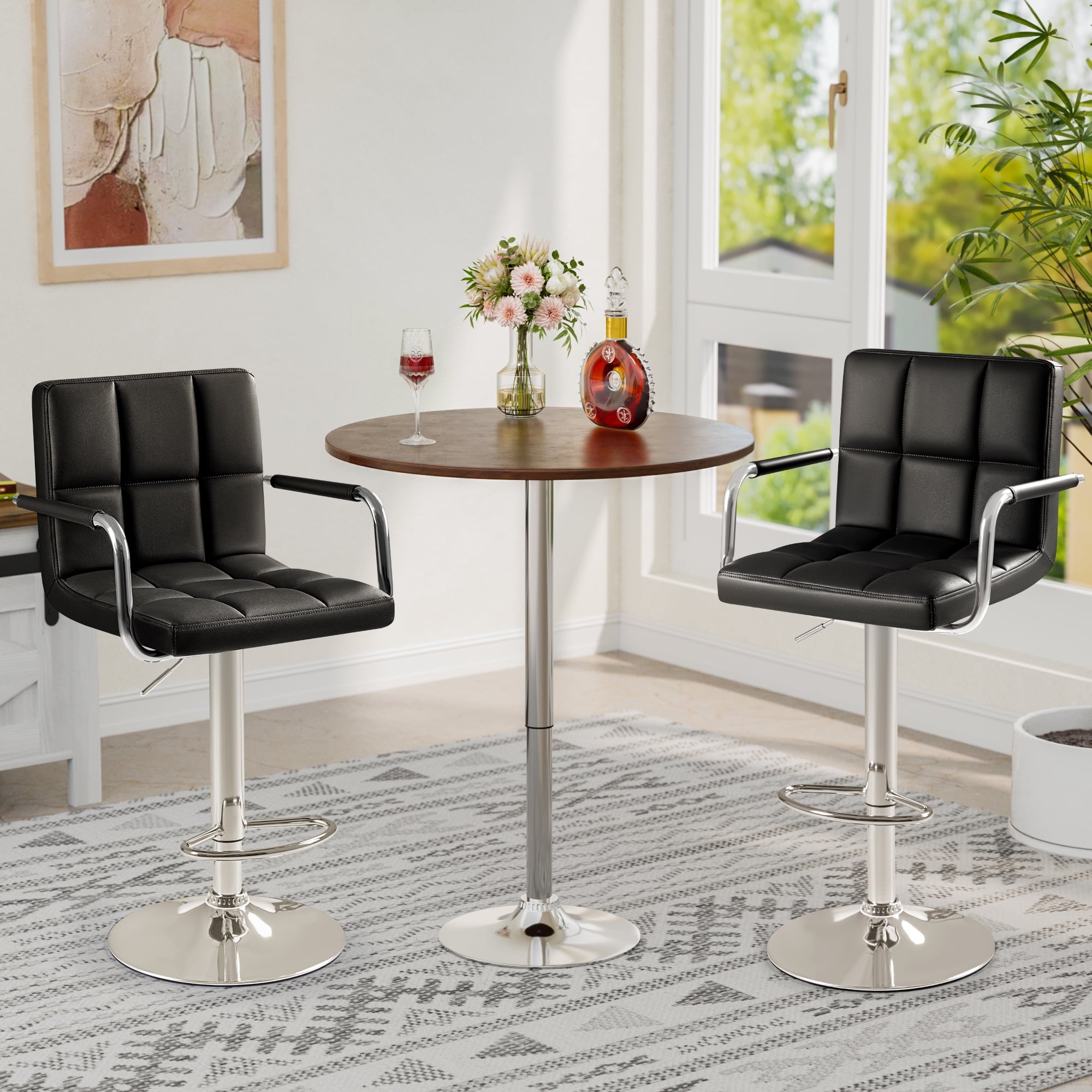 thumbnail image 2 of Set Of 2 Adjustable Swivel Bar Stools – Faux Leather Square Stitch – Red, Black, Or White 2 of 6