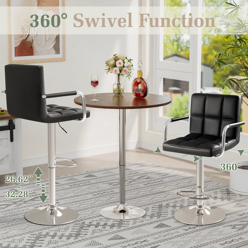 Homall Bar Stools Set of 2 Modern PU Leather Height Adjustable Hydraulic Kitchen Counter Square Island Swivel Barstool with Armrest