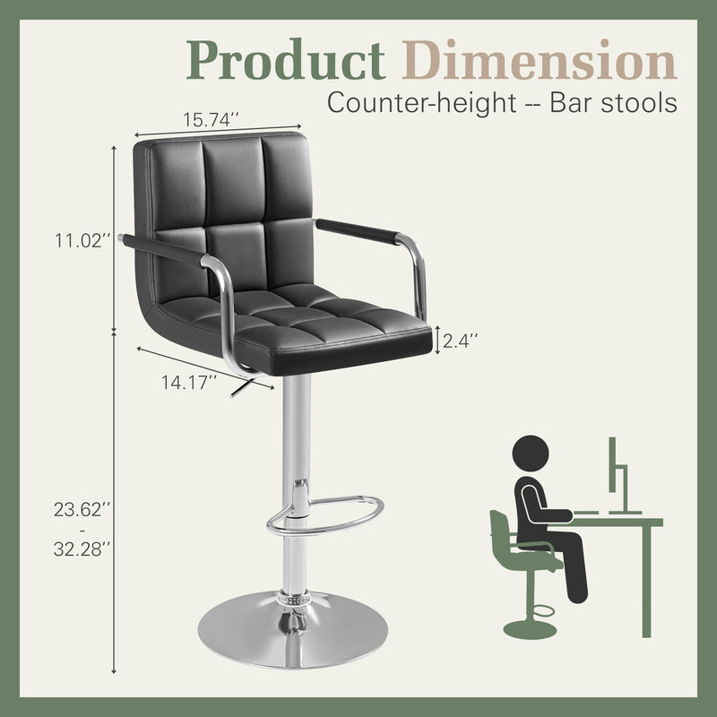 Homall Bar Stools Set of 2 Modern PU Leather Height Adjustable Hydraulic Kitchen Counter Square Island Swivel Barstool with Armrest