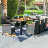 Homall 7 Pieces Outdoor Patio Dining Set with PE Rattan Wicker Dining Table and Chairs Acacia Wood Tabletop, Curved Wood Armrest Chairs with Cushions