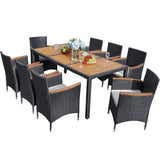 Homall 7 Pieces Outdoor Patio Dining Set with PE Rattan Wicker Dining Table and Chairs Acacia Wood Tabletop, Curved Wood Armrest Chairs with Cushions