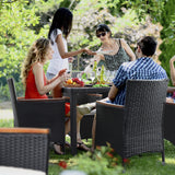 Homall 7 Pieces Outdoor Patio Dining Set with PE Rattan Wicker Dining Table and Chairs Acacia Wood Tabletop, Curved Wood Armrest Chairs with Cushions