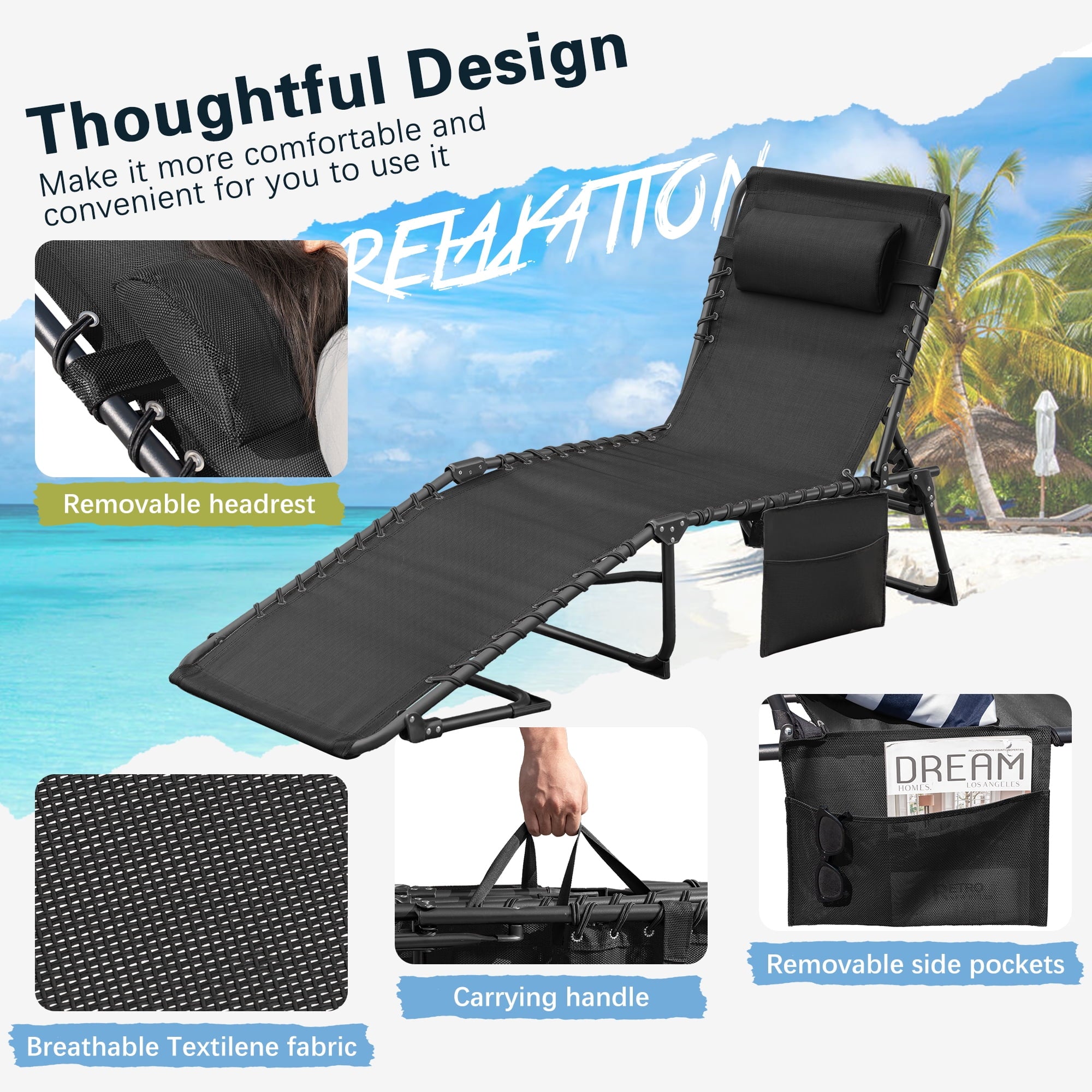Homall Outdoor Lounge Chair Foldable Chair Adjustable Height Patio Lounge Chair,Suitable for Beach,Lawn and Pool