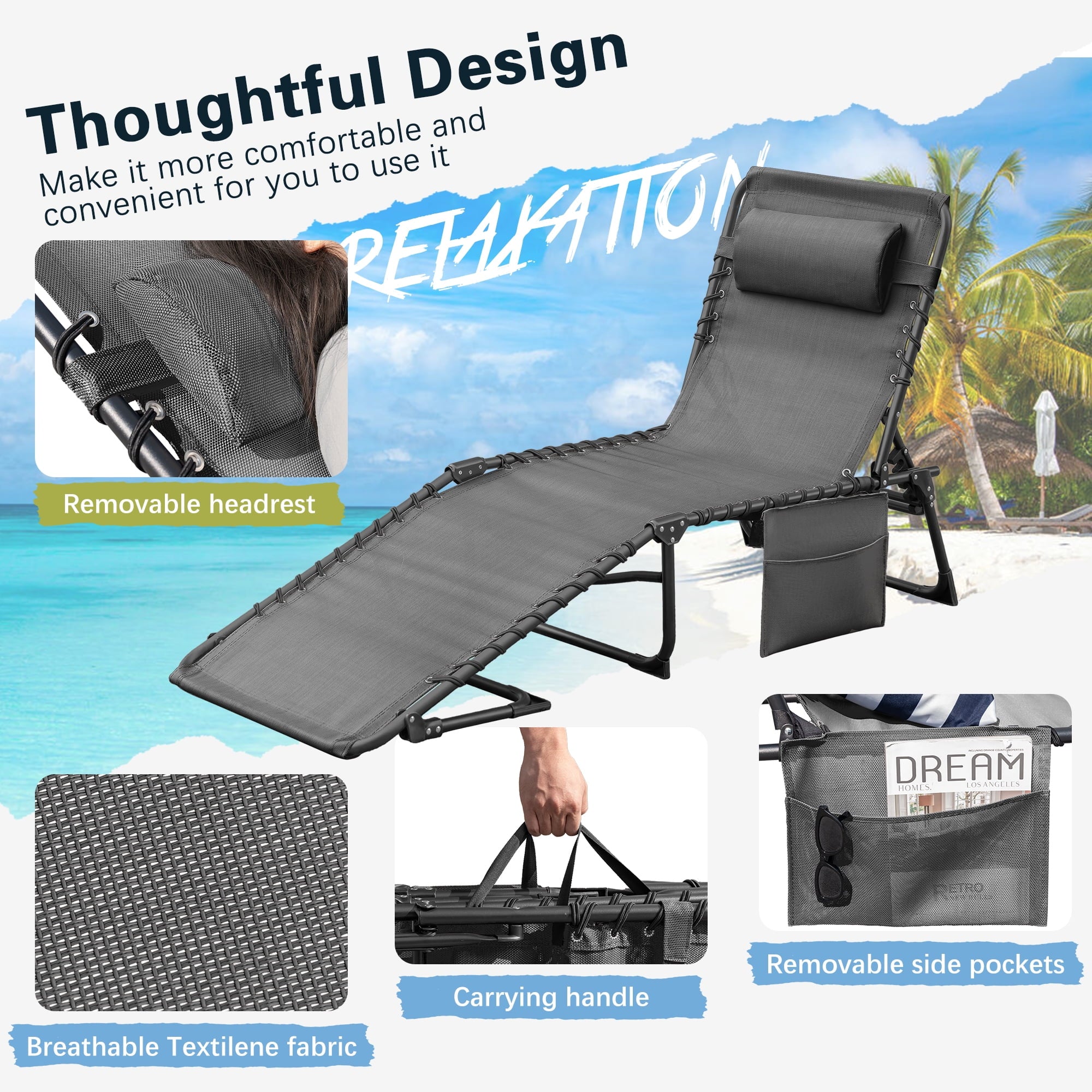 Homall Outdoor Lounge Chair Foldable Chair Adjustable Height Patio Lounge Chair,Suitable for Beach,Lawn and Pool