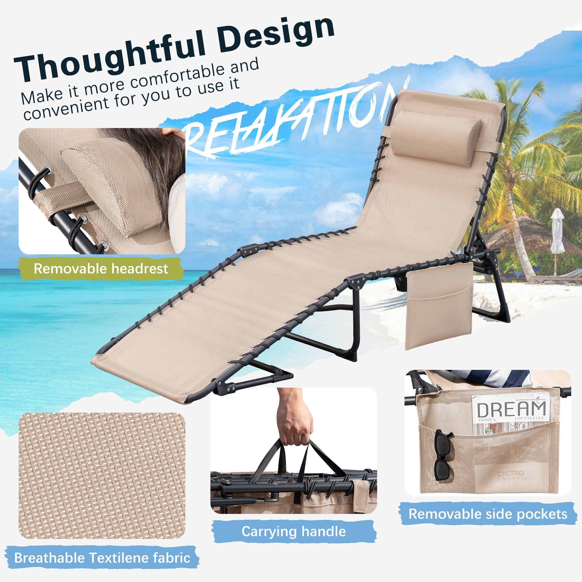 Homall Outdoor Lounge Chair Foldable Chair Adjustable Height Patio Lounge Chair,Suitable for Beach,Lawn and Pool