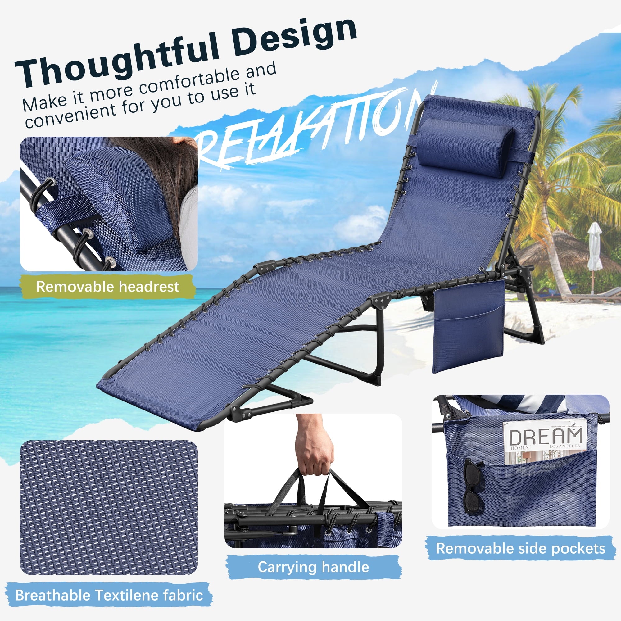 Homall Outdoor Lounge Chair Foldable Chair Adjustable Height Patio Lounge Chair,Suitable for Beach,Lawn and Pool