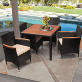 Homall 7 Pieces Outdoor Patio Dining Set with PE Rattan Wicker Dining Table and Chairs Acacia Wood Tabletop, Curved Wood Armrest Chairs with Cushions
