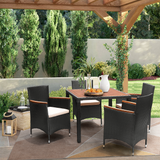 Homall 7 Pieces Outdoor Patio Dining Set with PE Rattan Wicker Dining Table and Chairs Acacia Wood Tabletop, Curved Wood Armrest Chairs with Cushions