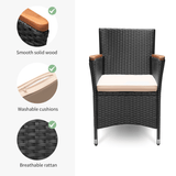 Homall 7 Pieces Outdoor Patio Dining Set with PE Rattan Wicker Dining Table and Chairs Acacia Wood Tabletop, Curved Wood Armrest Chairs with Cushions