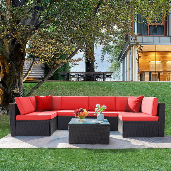 Homall 7 Pieces Outdoor Sectional Sofa Wicker Rattan Conversation Sets Red