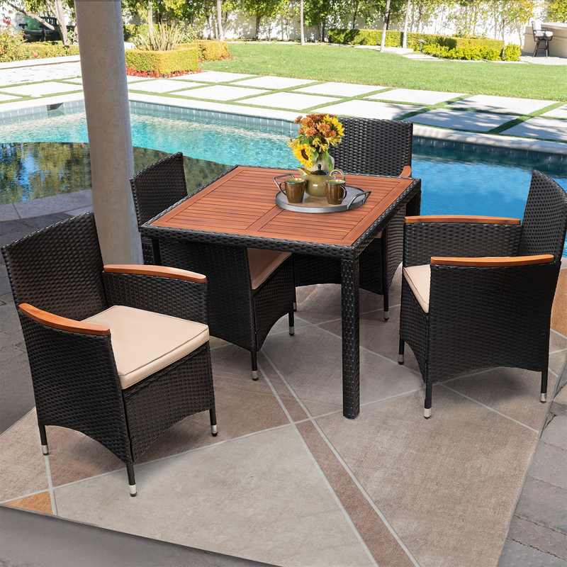 Homall Patio Dining Set Outdoor Furniture Set Cushioned Rattan Chairs With Acacia Wood Table, Resistant Feet, Removable Cushions