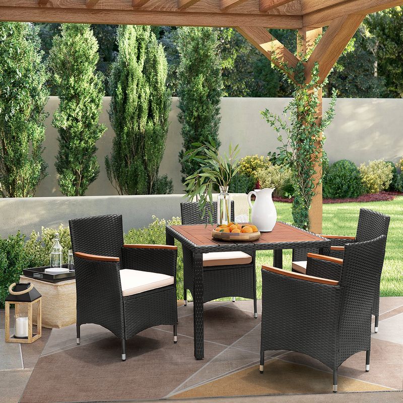 Homall Patio Dining Set Outdoor Furniture Set Cushioned Rattan Chairs With Acacia Wood Table, Resistant Feet, Removable Cushions