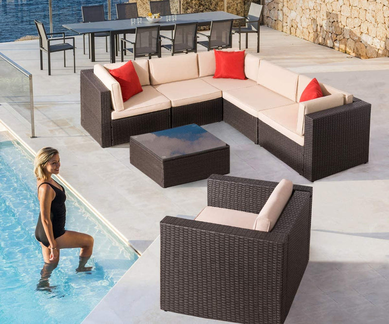 Homall 7 Pieces Outdoor Patio Furniture Sofa Set, All Weather PE Rattan Wicker Sectional Sets Modern Modular Couch Outside Conversation Set with Thick Cushions and Glass Coffee Table