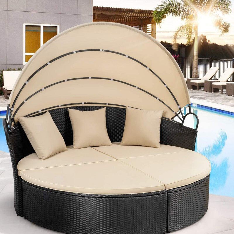 Homall Patio Furniture Outdoor Daybed with Retractable Canopy Rattan Wicker Furniture Sectional Seating with Washable Cushions for Patio Backyard Porch Pool Round Daybed Separated Seating