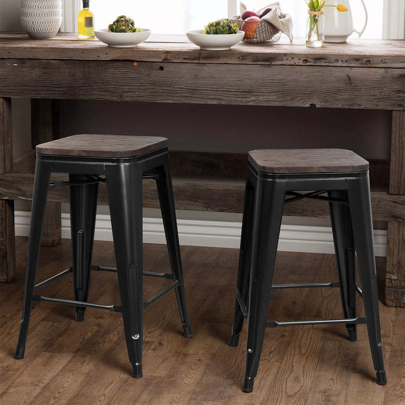 Homall Metal Bar Stools Indoor-Outdoor Stackable Modern 24 Inches Metal Counter Height Industrial Barstools with Wooden Seat Set of 4