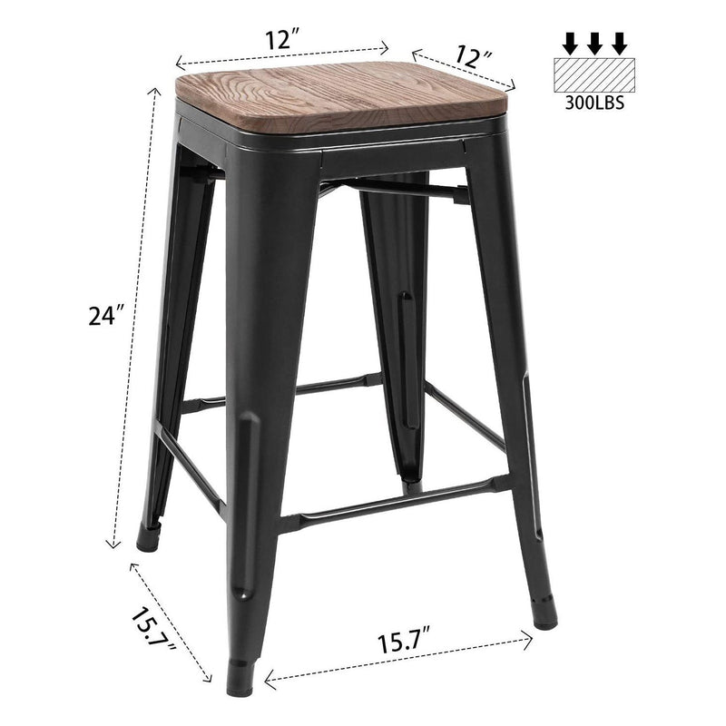 Homall Metal Bar Stools Indoor-Outdoor Stackable Modern 24 Inches Metal Counter Height Industrial Barstools with Wooden Seat Set of 4