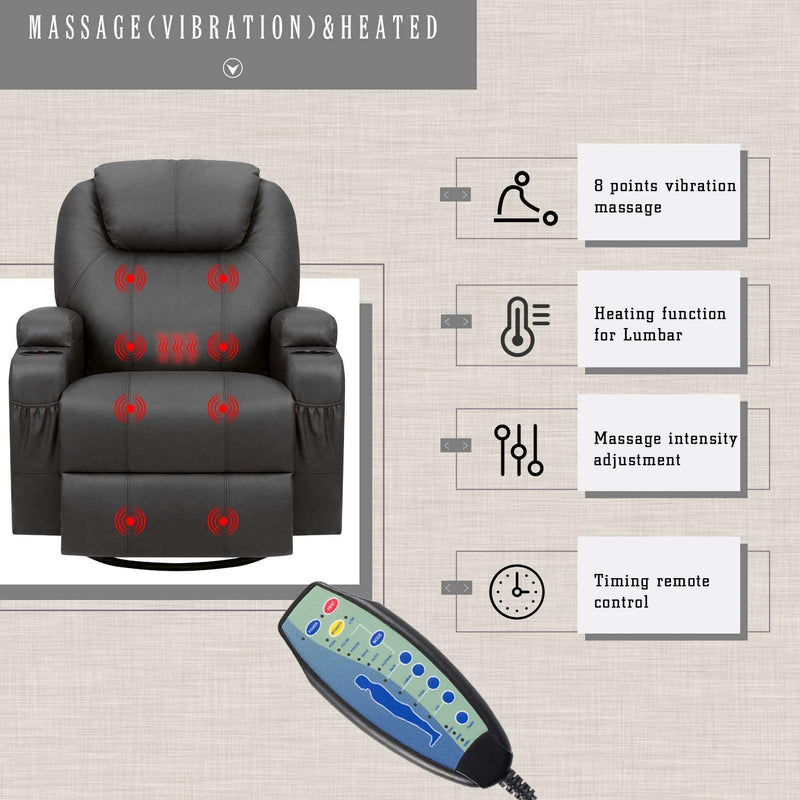 Homall 360° Swivel Massage Recliner Rocker Reclining Sofa, PU Leather& Fabric Heated Ergonomic Living Room Lounge Chair