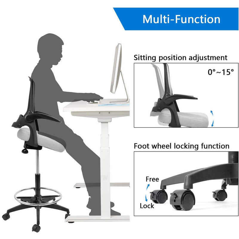 Homall Drafting Chair Office Chair Executive Computer Standing Desk Chair with Flip-up Armrests, Lockable Wheels and Adjustable Footrest Ring