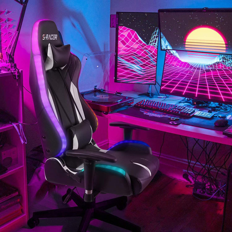 Homall Gaming Chair RGB Lighting High Back Computer Chair PU Leather Desk Chair PC Racing LED Ergonomic Adjustable Swivel Task Chair