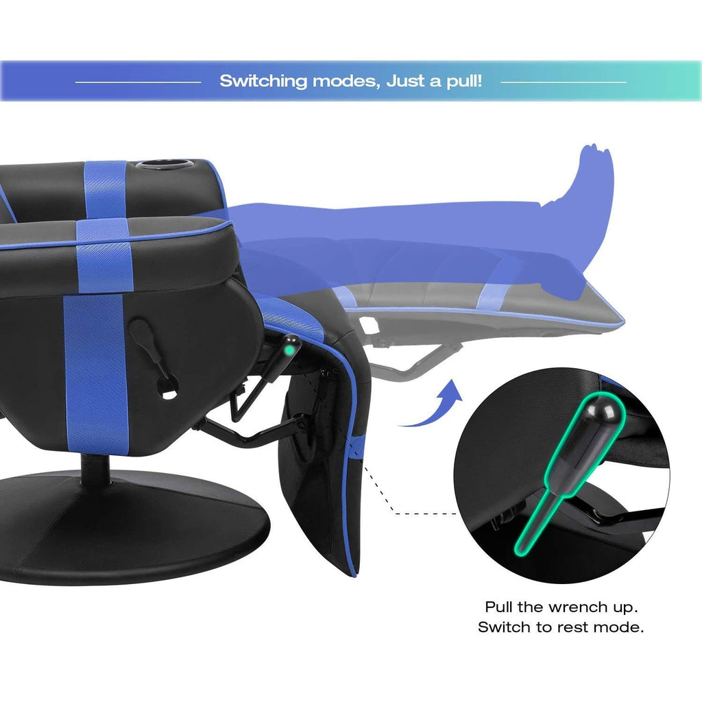 Gaming Desk and Blue Footrest Reclining Gaming Chair Set - Cup Holder